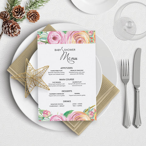 Sweet Rose Baby Shower Menu Template Download