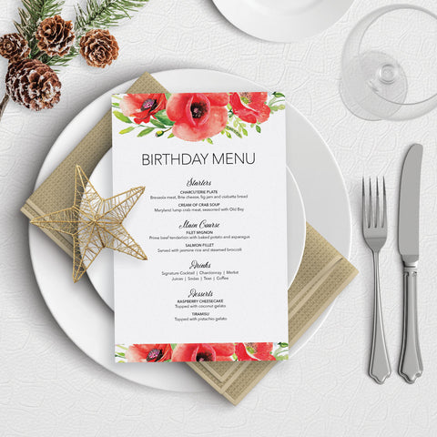 Poppy Flower Birthday Menu Template Download